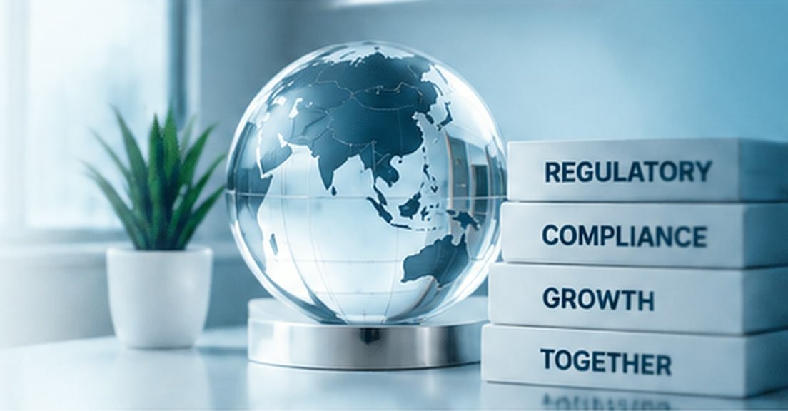 Glass globe with Regulatory, Compliance, Growth, Together blocks